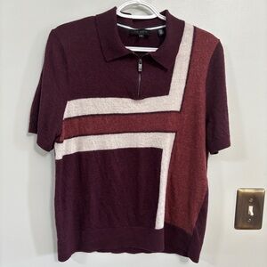 Ted Baker color block wool quarter zip polo burgandy size small
